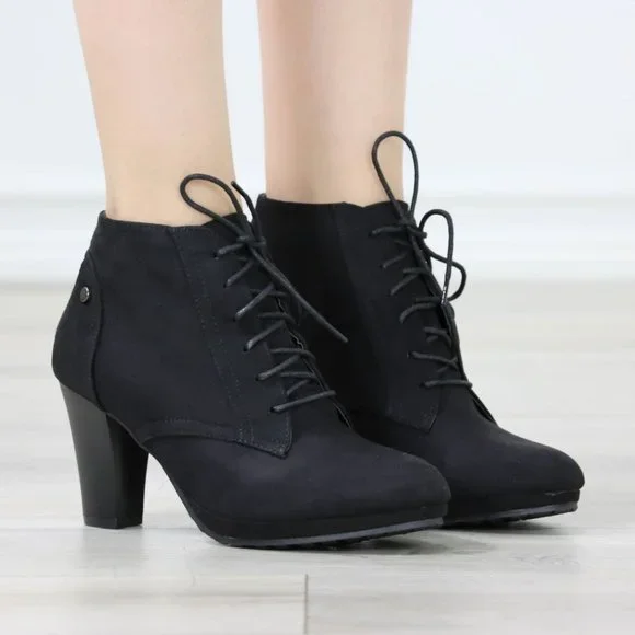 Womens Ankle Boots Lace Up Block Heel Booties Black Faux Suede - Picture 2 of 12